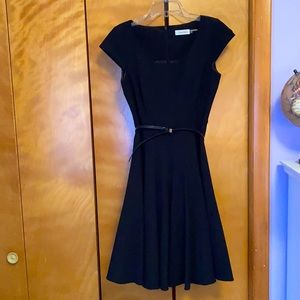 Calvin Klein A-Line Little Black Dress - size 2, belt, lined skirt, zipper